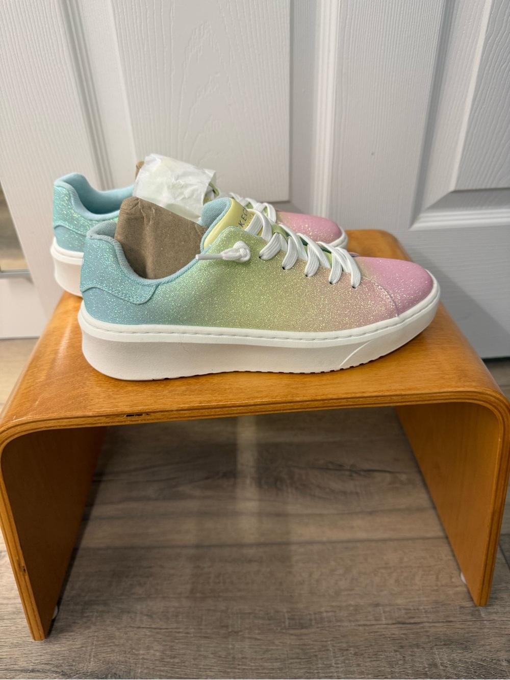 Skechers Pastel Mint and Yellow Glitter Lace-Up Sneakers